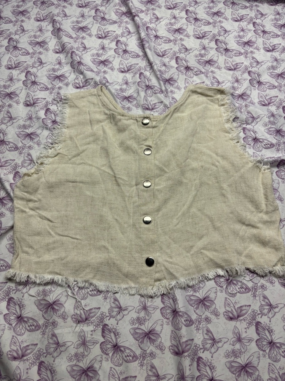 🍄Raw Edge Beige Linen Crop Tank Top - Picture 3 of 4